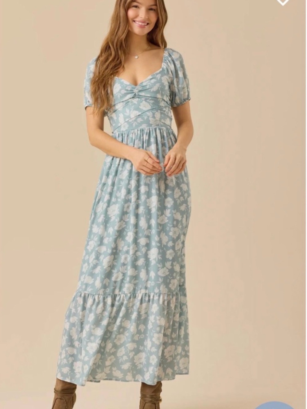 Altar'd State Dusty Blue Floral Maxi Dress with White Print